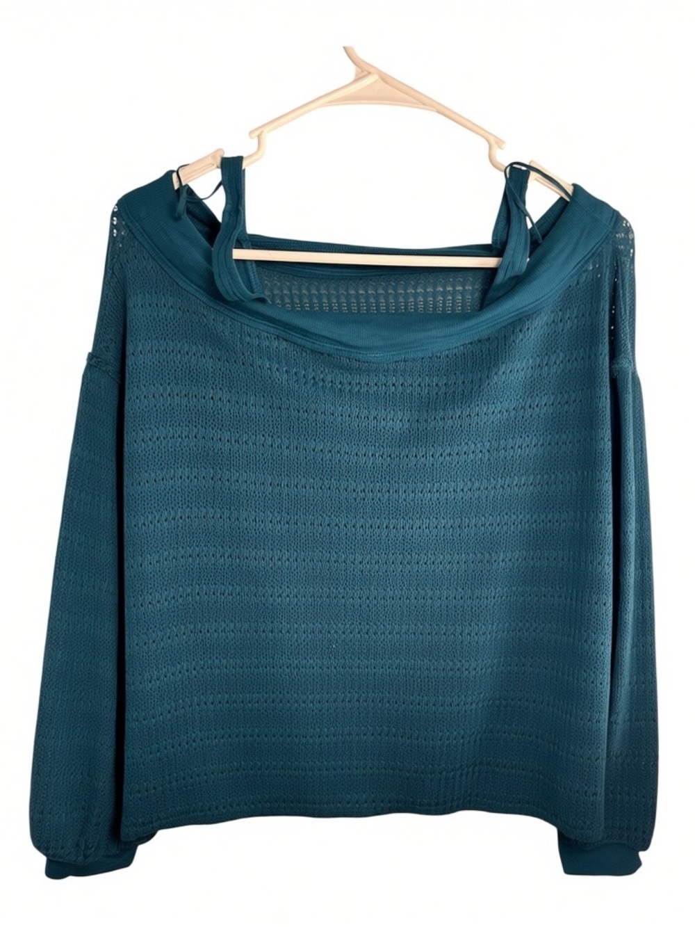 Free People Teal Off-the-Shoulder Open-Knit Sweater